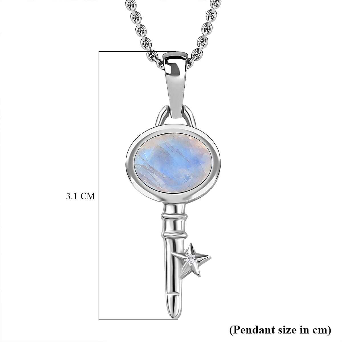 Moon Glow Moonstone and Natural Zircon Key Pendant with Chain (Size 20) in Rhodium Overlay Sterling Silver 1.92 Ct 4279789 6