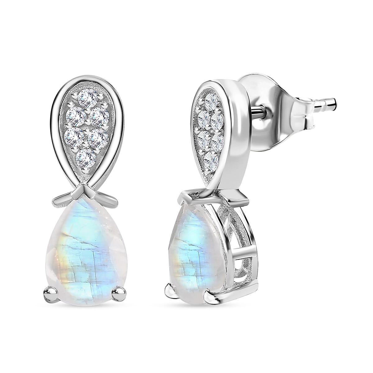 Moon Glow Stone, White Zircon Drop Push Post Earrings in Rhodium Overlay Sterling Silver 4.14 ct  2.310  Ct. 7784474 0