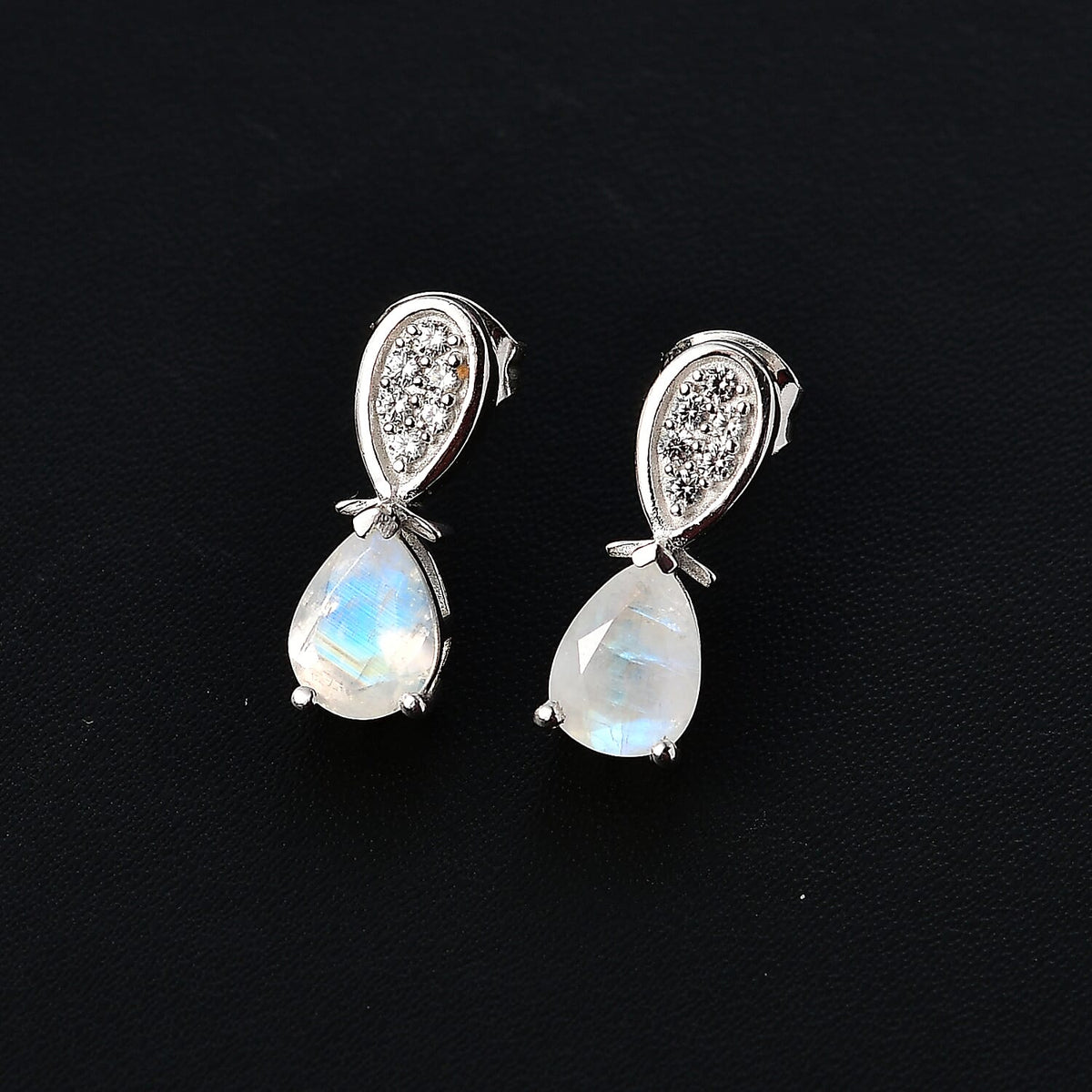 Moon Glow Stone, White Zircon Drop Push Post Earrings in Rhodium Overlay Sterling Silver 4.14 ct  2.310  Ct. 7784474 2