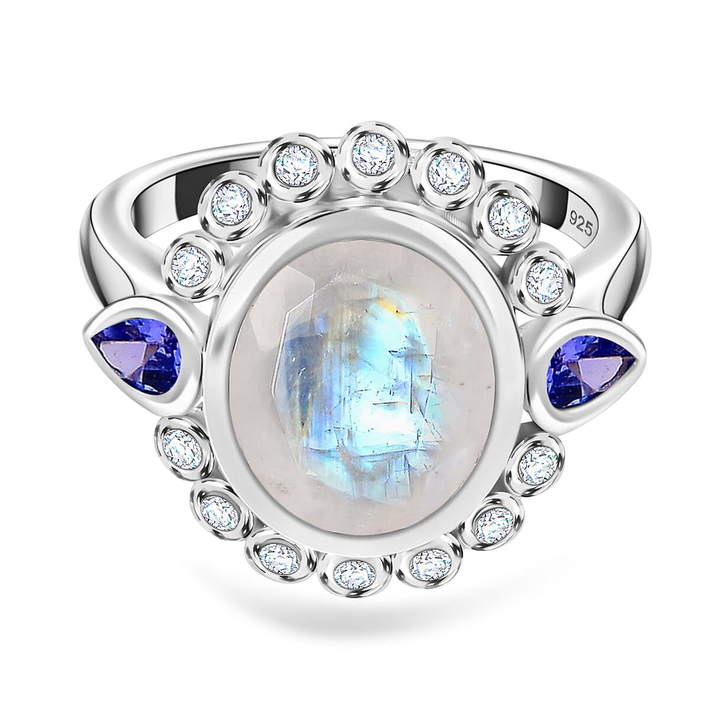 Moon Glow Stone, Natural Zircon & Tanzanite Ring in Rhodium Overlay Sterling Silver 4.45 Ct