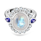 Moon Glow Stone, Natural Zircon & Tanzanite Ring in Rhodium Overlay Sterling Silver 4.45 Ct
