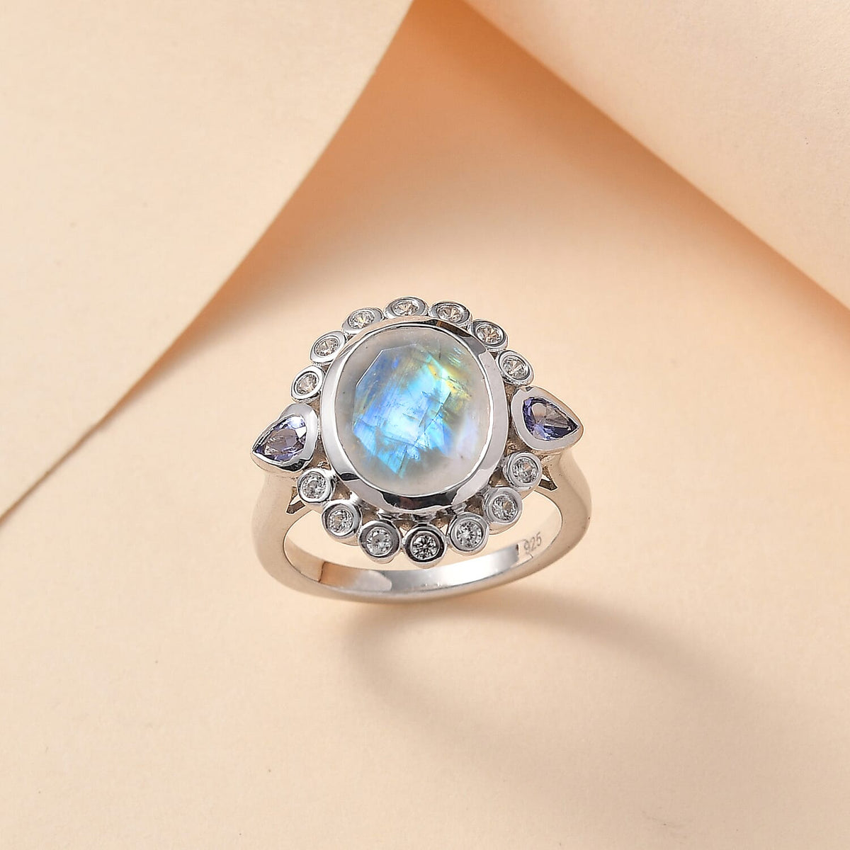 Moon Glow Stone, White Zircon, Tanzanite Halo Ring in Rhodium Overlay Sterling Silver  Silver Wt. 5 Gms 4.452  Ct. 7784830 2