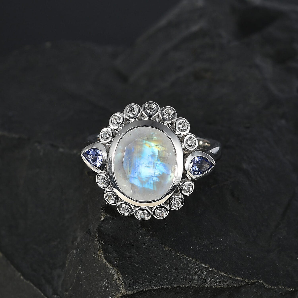 Moon Glow Stone, White Zircon, Tanzanite Halo Ring in Rhodium Overlay Sterling Silver  Silver Wt. 5 Gms 4.452  Ct. 7784830 3