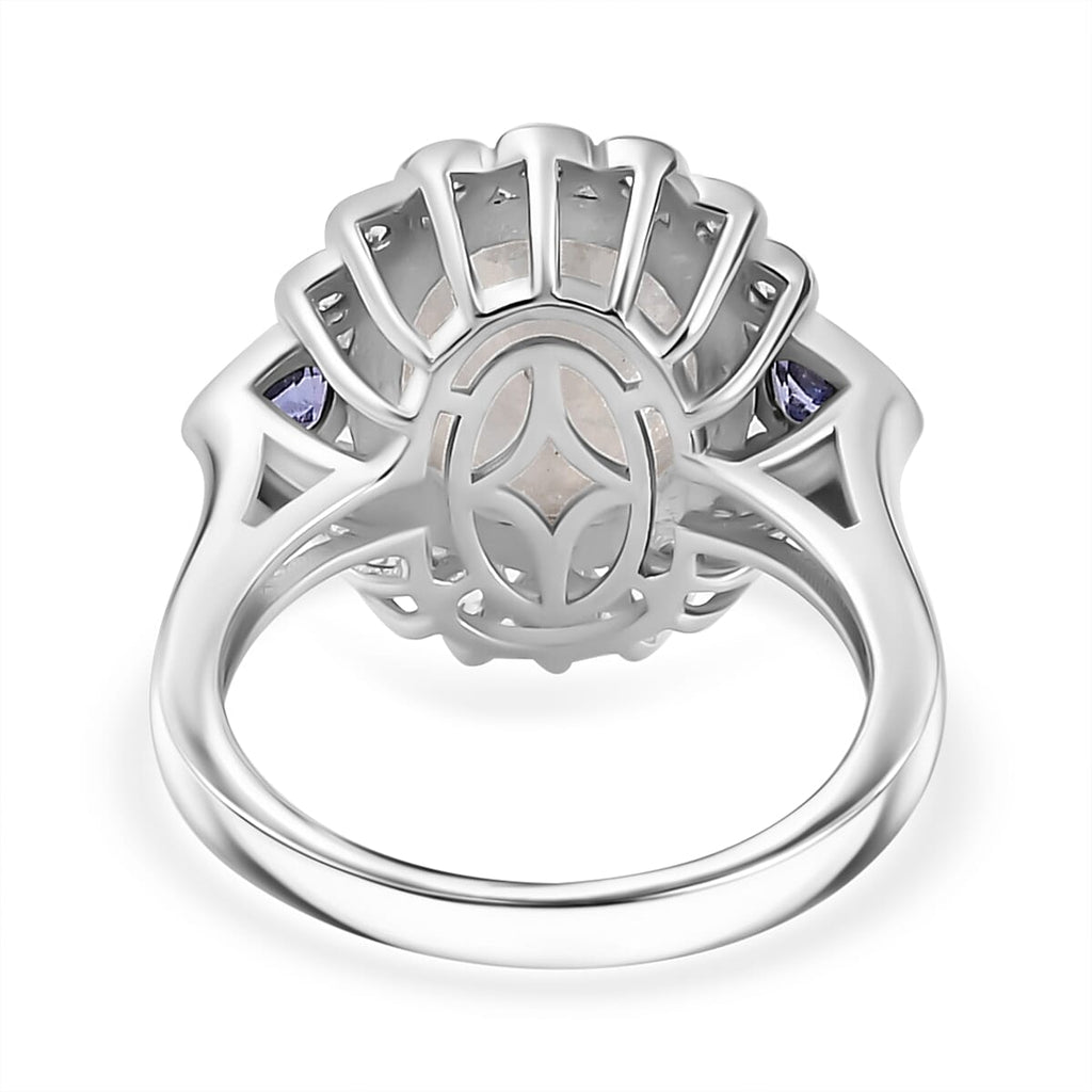 Moon Glow Stone, Natural Zircon & Tanzanite Ring in Rhodium Overlay Sterling Silver 4.45 Ct