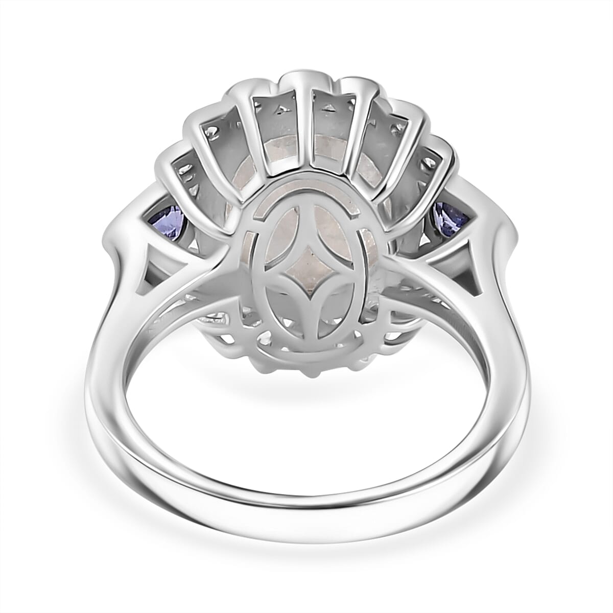 Moon Glow Stone, White Zircon, Tanzanite Halo Ring in Rhodium Overlay Sterling Silver  Silver Wt. 5 Gms 4.452  Ct. 7784830 6