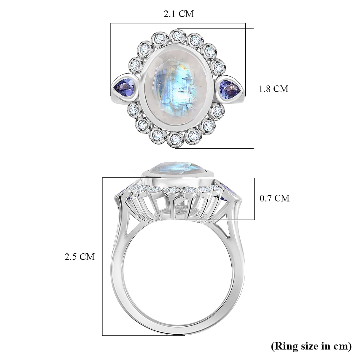 Moon Glow Stone, White Zircon, Tanzanite Halo Ring in Rhodium Overlay Sterling Silver  Silver Wt. 5 Gms 4.452  Ct. 7784830 7