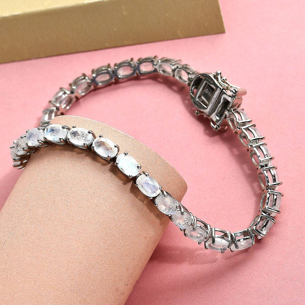 Moon Glow Stone and Diamond Bracelet (Size - 7) in Platinum Overlay Sterling Silver 12.26 Ct, Silver Wt. 9.27 Gms