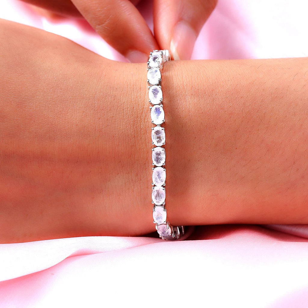 Moon Glow Stone and Diamond Bracelet (Size - 7) in Platinum Overlay Sterling Silver 12.26 Ct, Silver Wt. 9.27 Gms