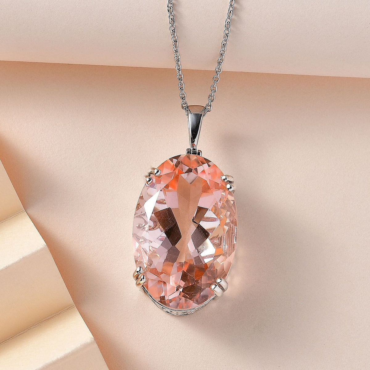 50 Carat Morganite Color Quartz Solitaire Pendant with Chain (Size 20) in Platinum Overlay Sterling Silver 4263012 2