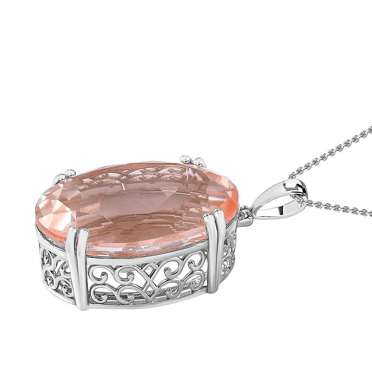 50 Carat Morganite Color Quartz Solitaire Pendant with Chain (Size 20) in Platinum Overlay Sterling Silver 4263012 3