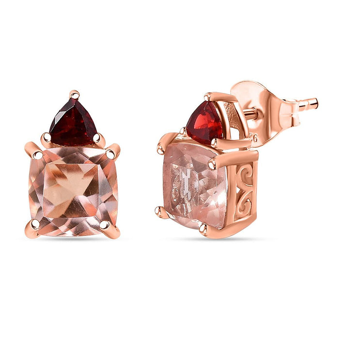 Morganite Colour Quartz, Red Garnet Solitaire Stud Push Post Earring in Vermeil RG Sterling Silver 4.366  Ct. V32647771 1