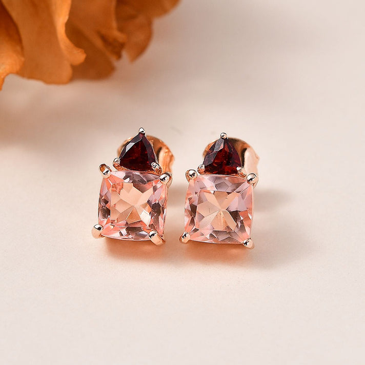Morganite Colour Quartz, Red Garnet Solitaire Stud Push Post Earring in Vermeil RG Sterling Silver 4.366  Ct. V32647771 2