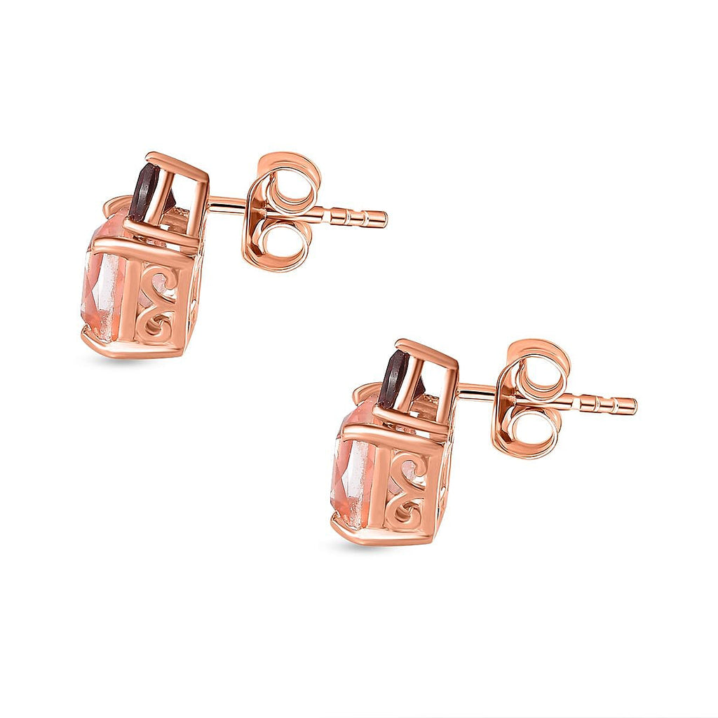 Morganite Color Quartz, Red Garnet Stud Push Post Earring in Rose Gold Vermeil Sterling Silver 4.68 ct