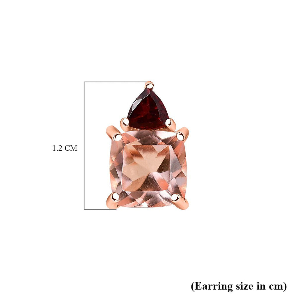 Morganite Color Quartz, Red Garnet Stud Push Post Earring in Rose Gold Vermeil Sterling Silver 4.68 ct