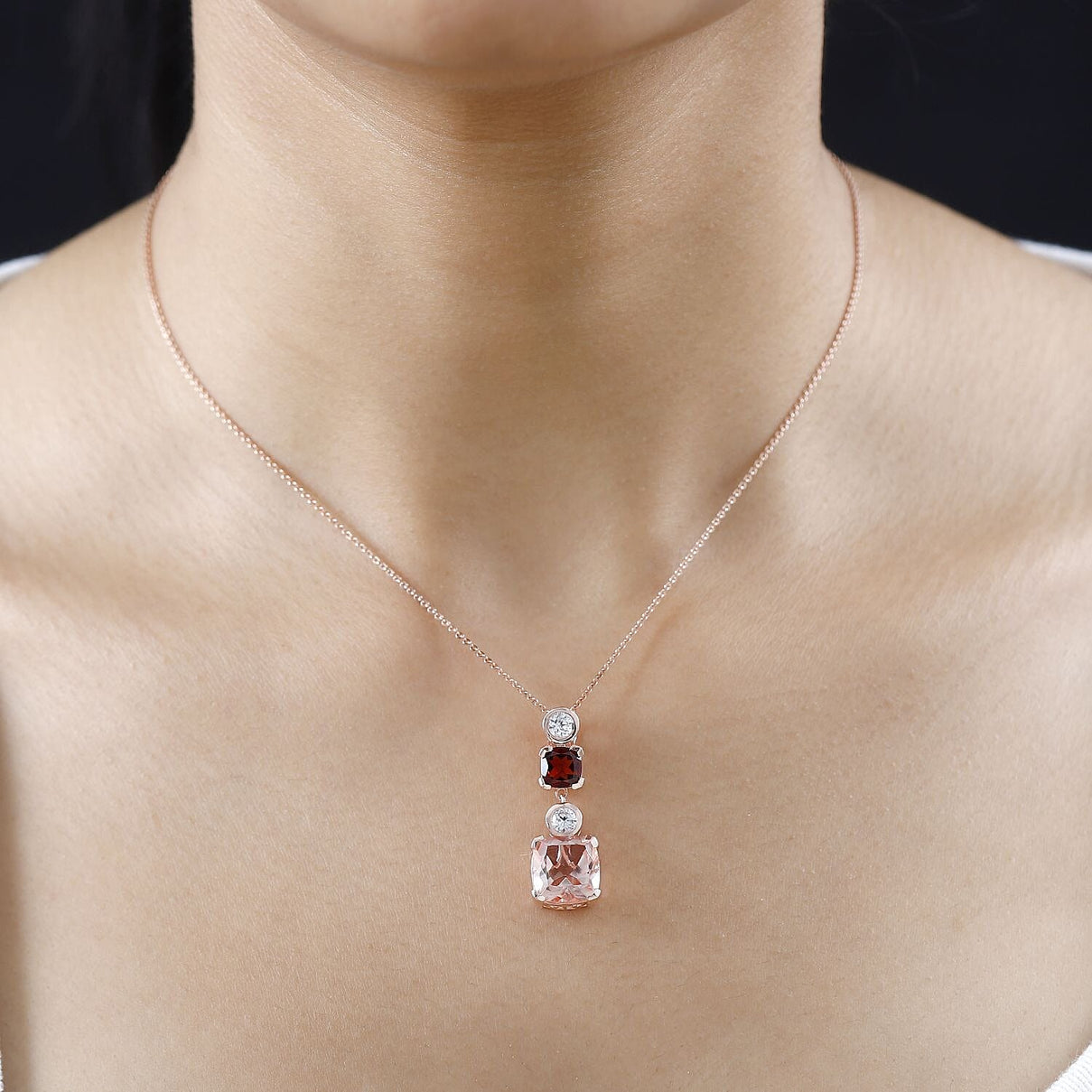 Morganite Color Quartz, Red Garnet &amp; Natural Zircon Pendant with Chain (Size 20) in 18K Rose Gold Vermeil Plated Sterling Silver 7.00 Ct, Silver Wt 5.00 GM 4260698 1