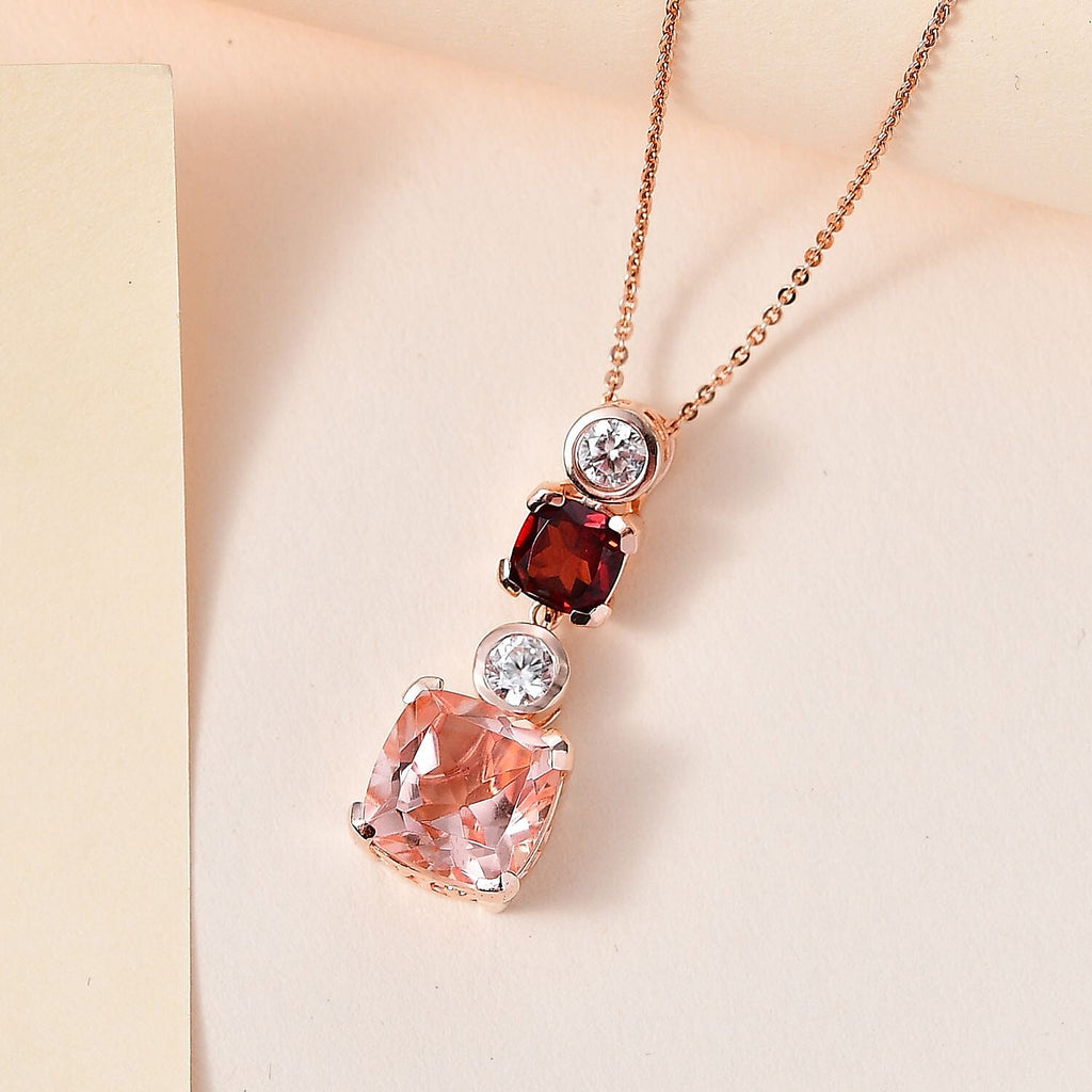 Morganite Color Quartz, Red Garnet & Natural Zircon Pendant with Chain (Size 20) in 18K Rose Gold Vermeil Plated Sterling Silver 7.00 Ct, Silver Wt 5.00 GM