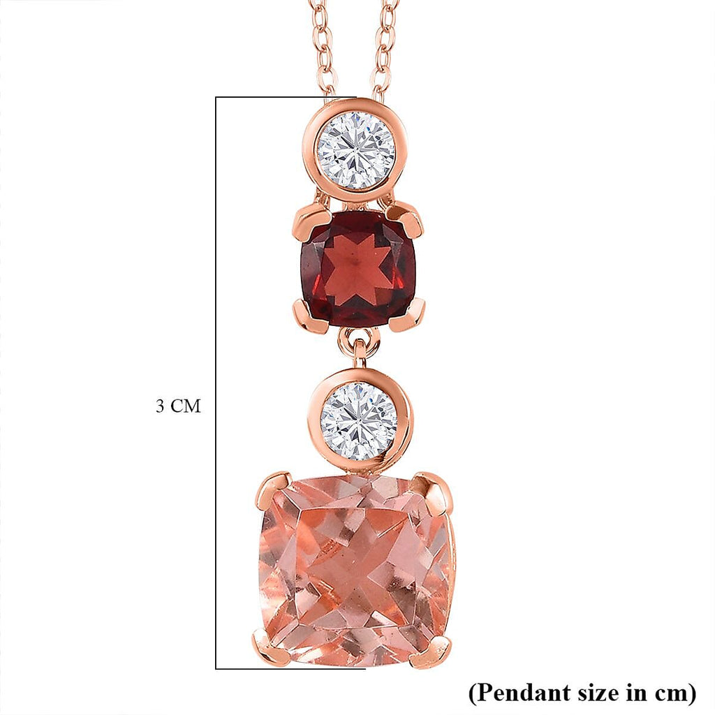 Morganite Color Quartz, Red Garnet & Natural Zircon Pendant with Chain (Size 20) in 18K Rose Gold Vermeil Plated Sterling Silver 7.00 Ct, Silver Wt 5.00 GM