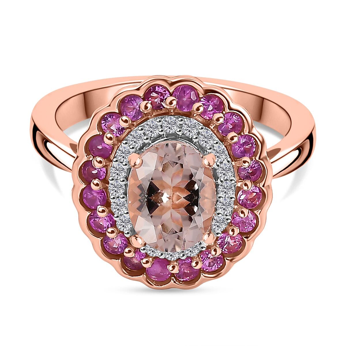 Marropino Morganite, Pink Sapphire and White Zircon Double Halo Ring in 18K Vermeil Rose Gold Plated Sterling Silver 1.93 Cts. 7992333 0