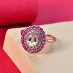 Extreme Rare Find - Marropino Morganite with Pink Sapphire & White Zircon Designer Double Halo Ring in 18K Vermeil Rose Gold Plated Sterling Silver 1.93 Ct.