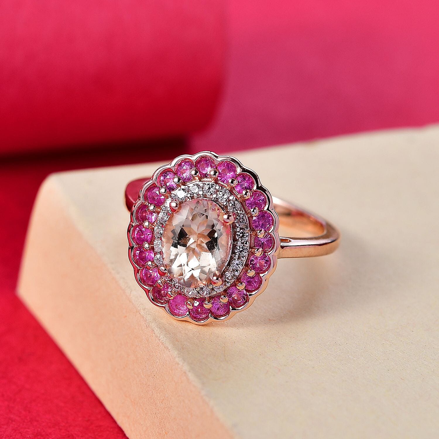Marropino Morganite, Pink Sapphire and White Zircon Double Halo Ring in 18K Vermeil Rose Gold Plated Sterling Silver 1.93 Cts. 7992333 2