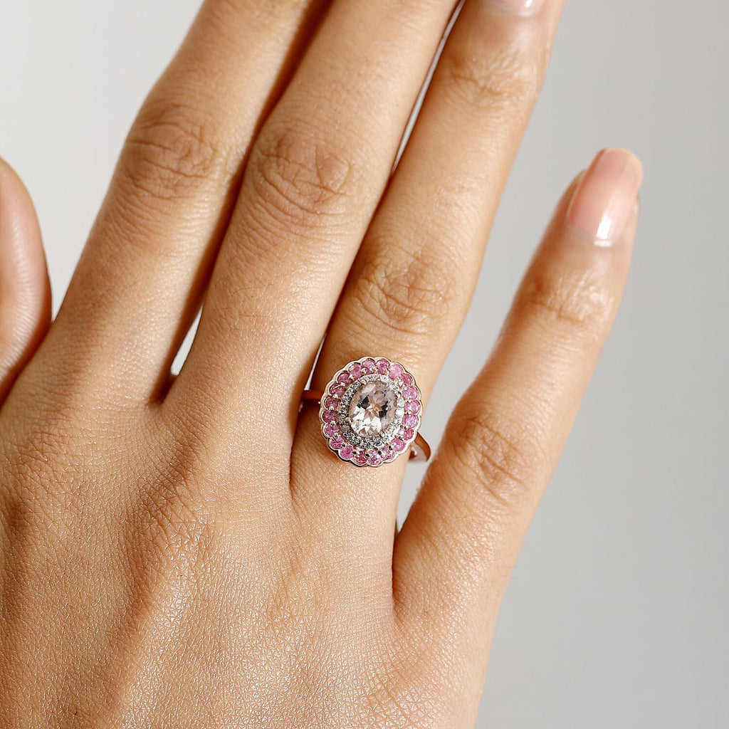 Extreme Rare Find - Marropino Morganite with Pink Sapphire & White Zircon Designer Double Halo Ring in 18K Vermeil Rose Gold Plated Sterling Silver 1.93 Ct.