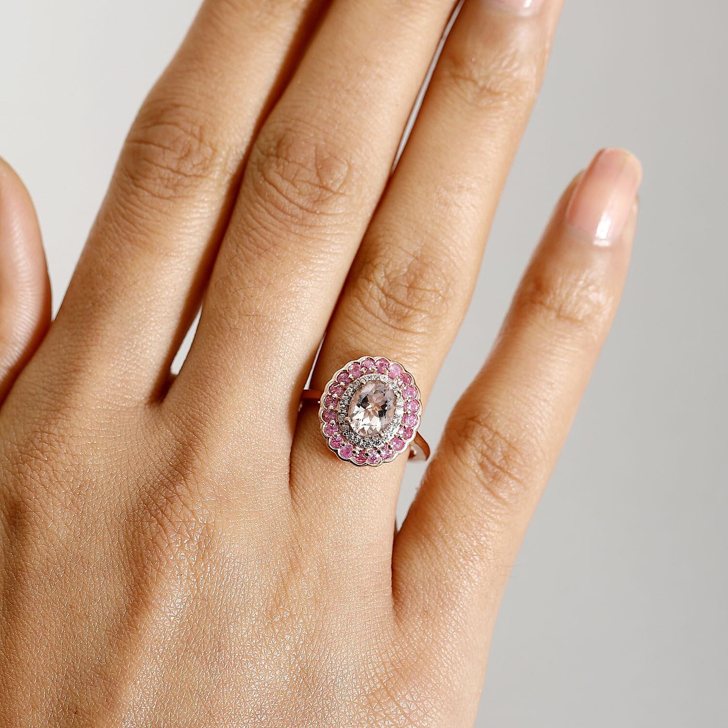 Marropino Morganite, Pink Sapphire and White Zircon Double Halo Ring in 18K Vermeil Rose Gold Plated Sterling Silver 1.93 Cts. 7992333 3