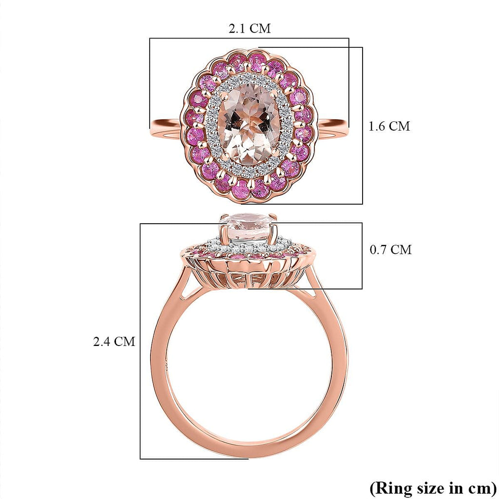 Extreme Rare Find - Marropino Morganite with Pink Sapphire & White Zircon Designer Double Halo Ring in 18K Vermeil Rose Gold Plated Sterling Silver 1.93 Ct.