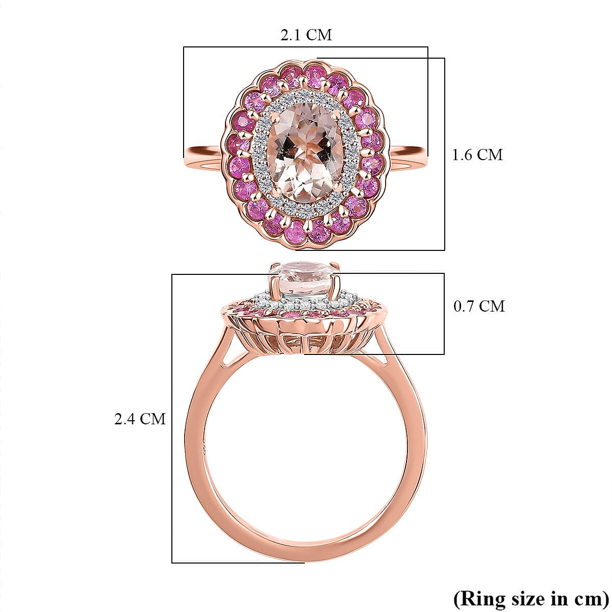 Marropino Morganite, Pink Sapphire and White Zircon Double Halo Ring in 18K Vermeil Rose Gold Plated Sterling Silver 1.93 Cts. 7992333 6