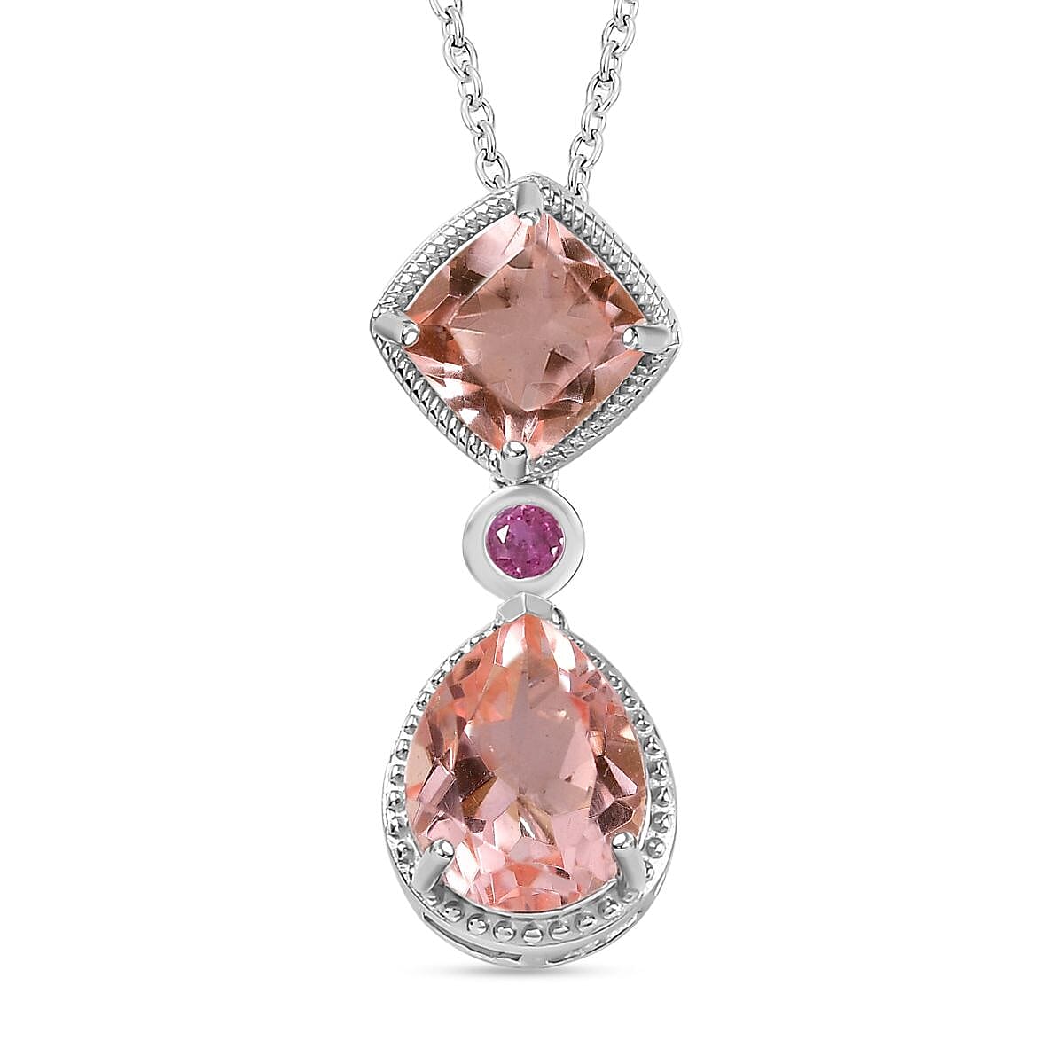Morganite Colour Quartz &amp; African Ruby Pendant with Chain (Size 20) in Platinum Overlay Sterling Silver 4.50 Ct 4261189 0