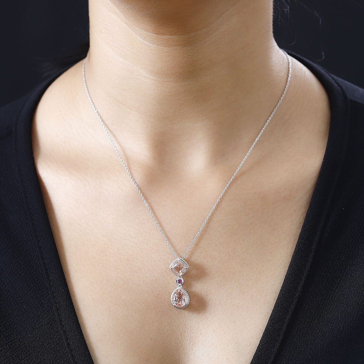 Morganite Colour Quartz &amp; African Ruby Pendant with Chain (Size 20) in Platinum Overlay Sterling Silver 4.50 Ct 4261189 1