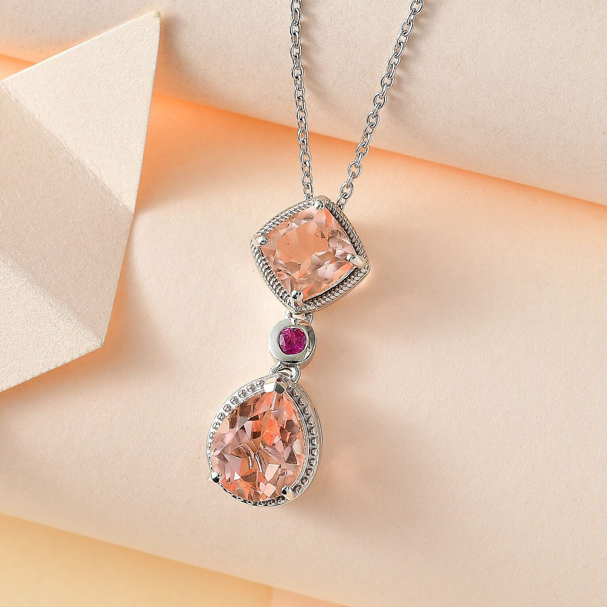 Morganite Colour Quartz &amp; African Ruby Pendant with Chain (Size 20) in Platinum Overlay Sterling Silver 4.50 Ct 4261189 2