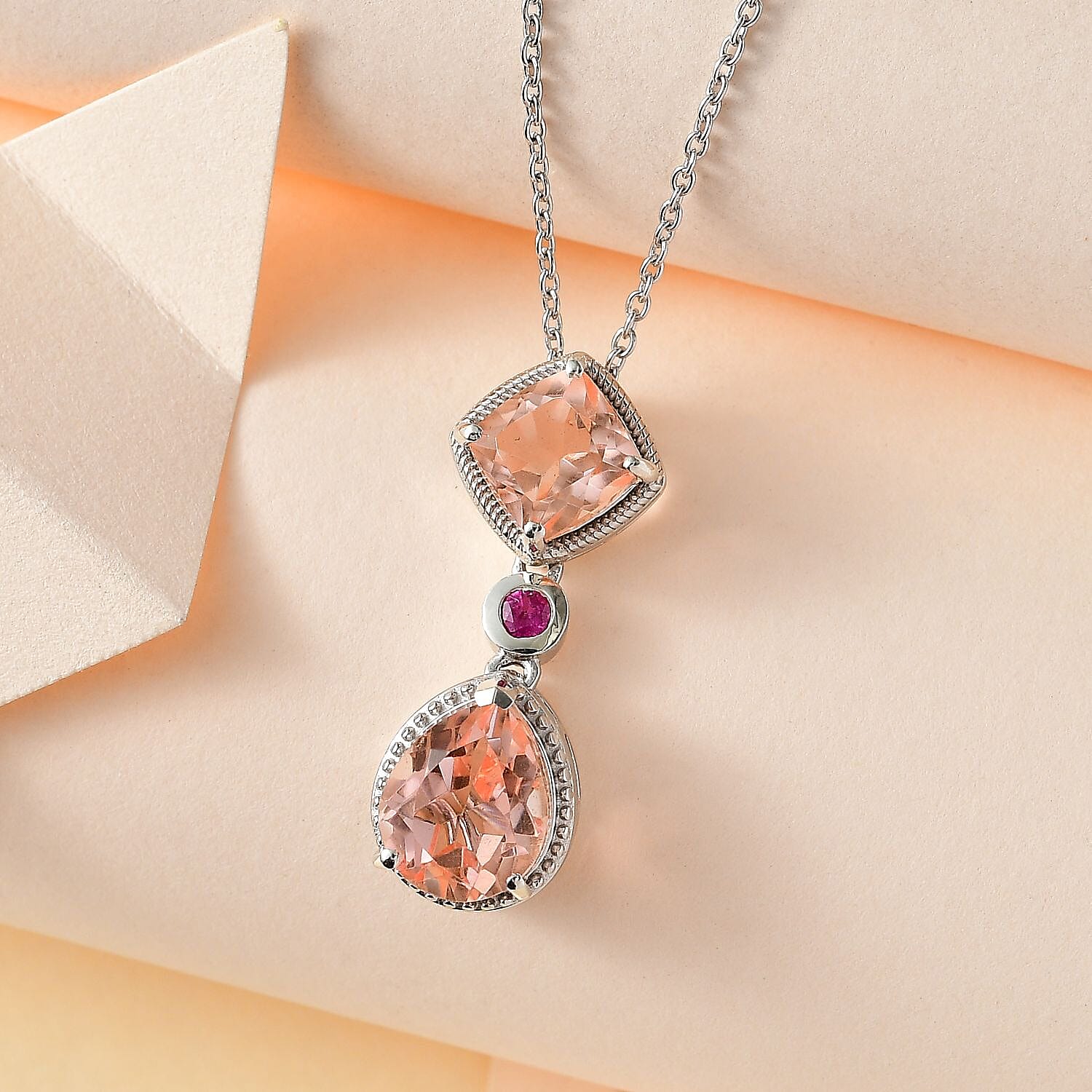 Morganite Colour Quartz &amp; African Ruby Pendant with Chain (Size 20) in Platinum Overlay Sterling Silver 4.50 Ct 4261189 2
