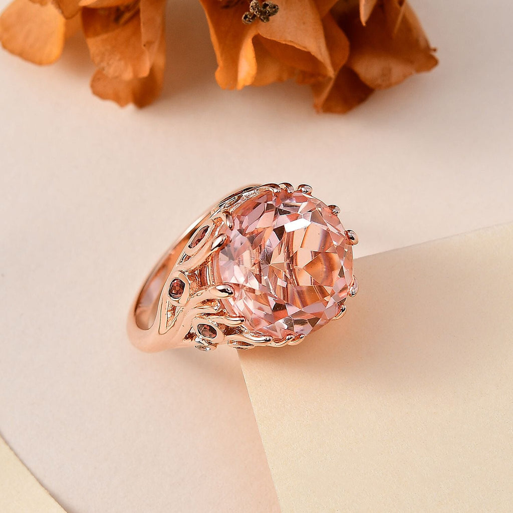Morganite Colour Quartz, Red Garnet & Natural Zircon Ring in 18K Rose Gold Vermeil Plated Sterling Silver 12.60 Ct
