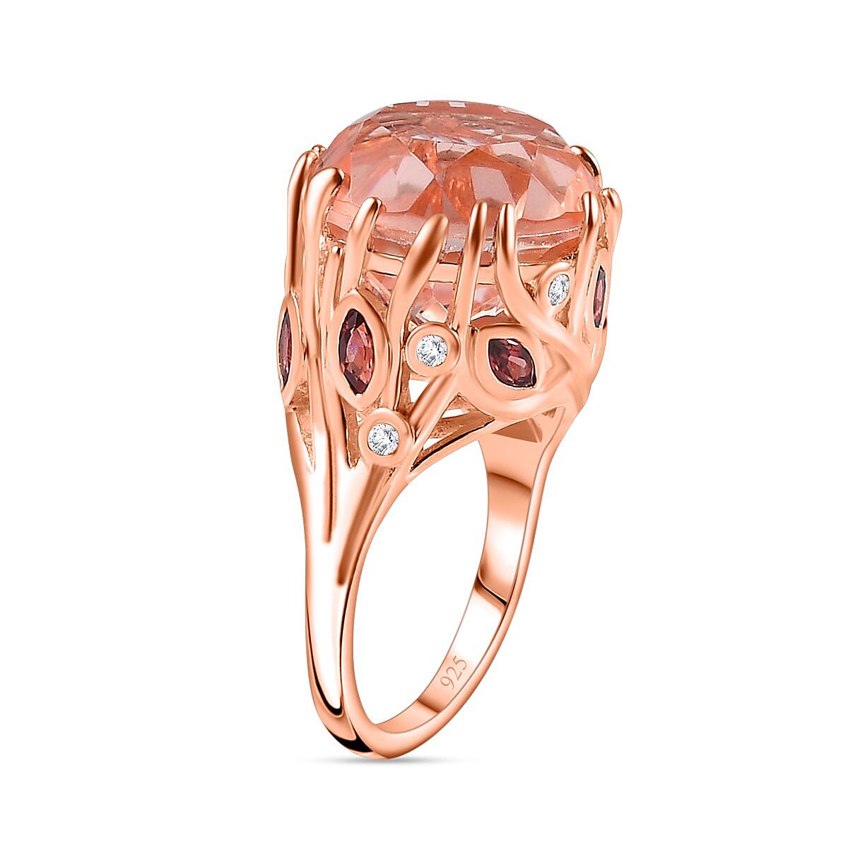 Morganite Colour Quartz, Red Garnet &amp; Natural Zircon Ring in 18K Rose Gold Vermeil Plated Sterling Silver 12.60 Ct 7757393 3