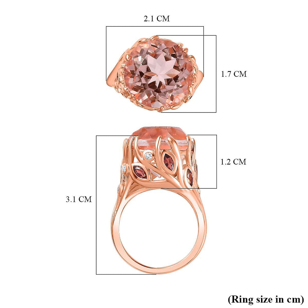 Morganite Colour Quartz, Red Garnet & Natural Zircon Ring in 18K Rose Gold Vermeil Plated Sterling Silver 12.60 Ct
