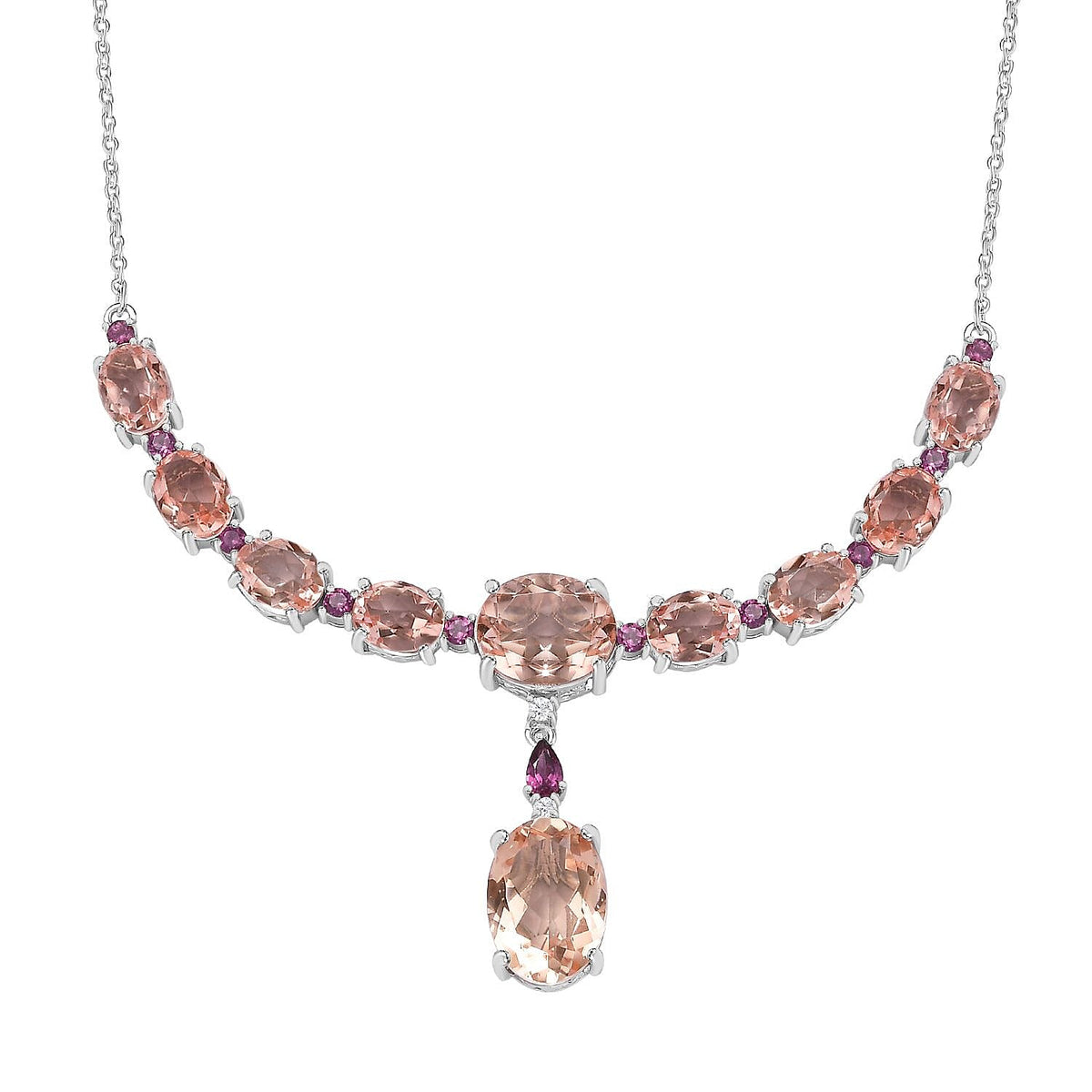 Morganite Colour Quartz, Natural Zircon &amp; Lotus Garnet Necklace (Size - 20) in Platinum Overlay Sterling Silver 24.20 Ct. V32520283 0