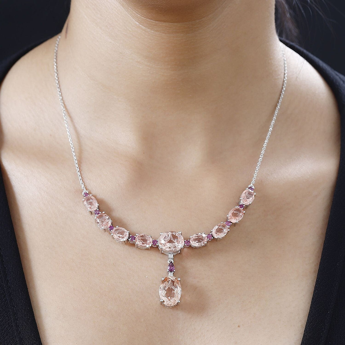 Morganite Colour Quartz, Natural Zircon &amp; Lotus Garnet Necklace (Size - 20) in Platinum Overlay Sterling Silver 24.20 Ct. V32520283 2