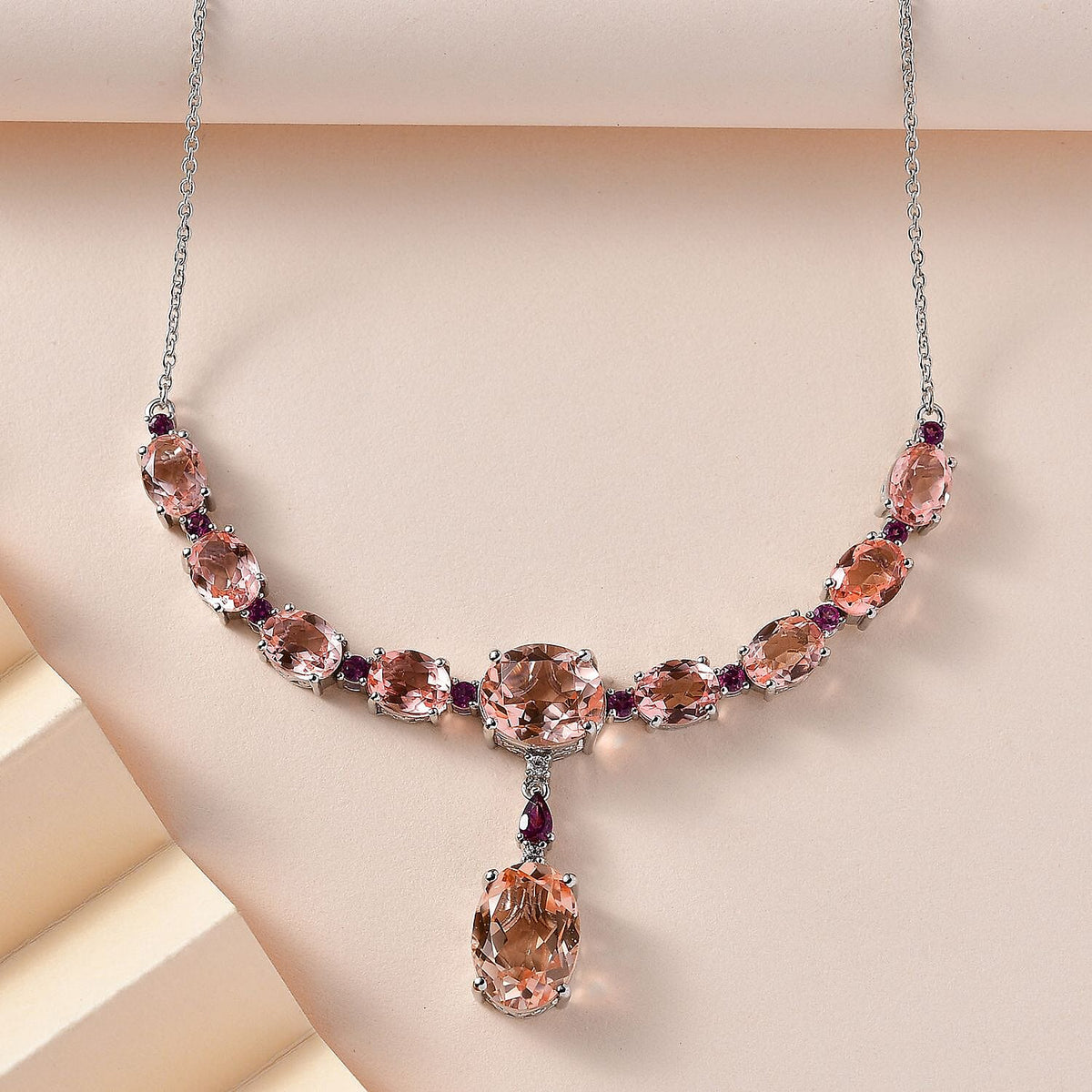 Morganite Colour Quartz, Natural Zircon &amp; Lotus Garnet Necklace (Size - 20) in Platinum Overlay Sterling Silver 24.20 Ct. V32520283 3