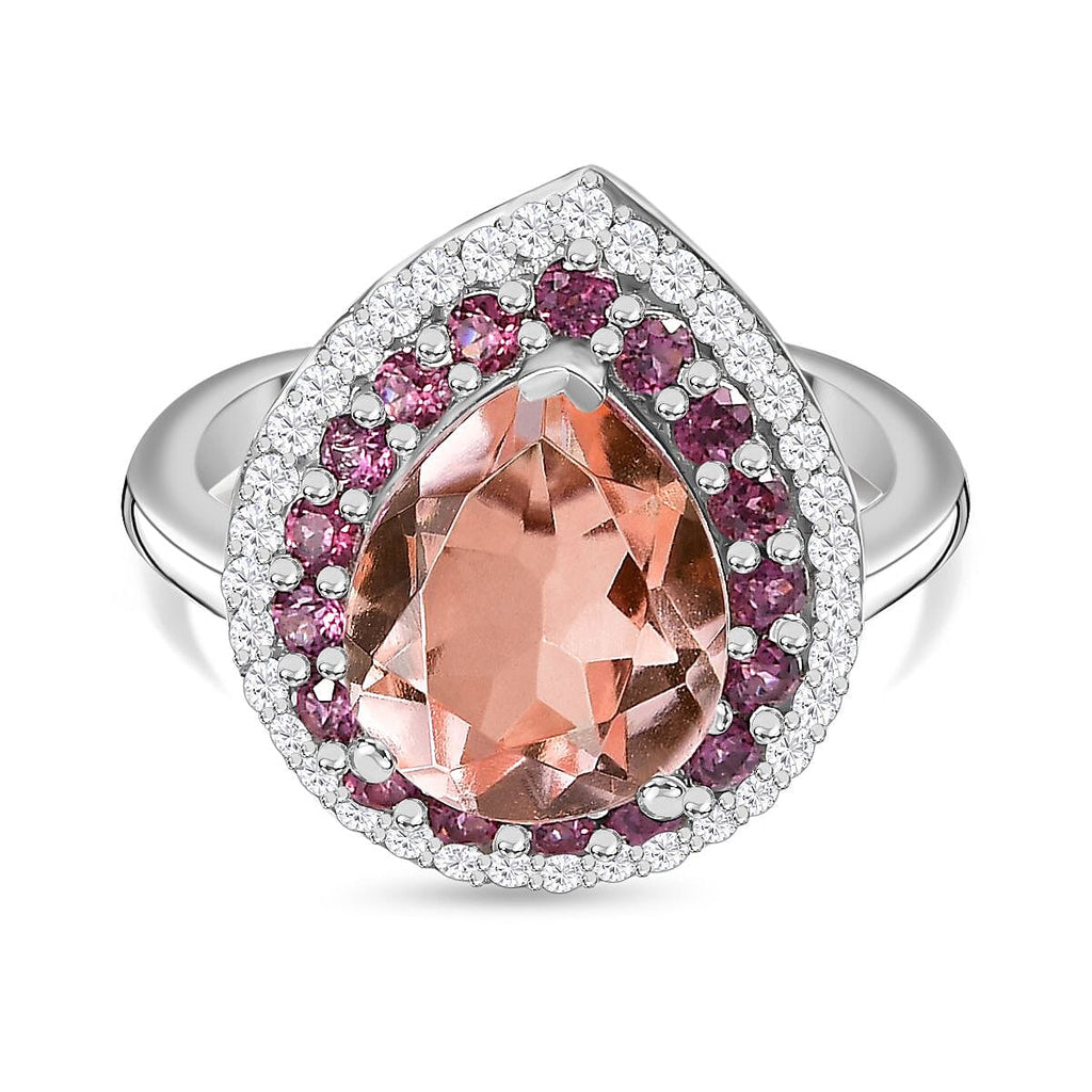 Morganite Colour Quartz, Natural Zircon & Lotus Garnet Ring in Platinum Overlay Sterling Silver 4.94 Ct.