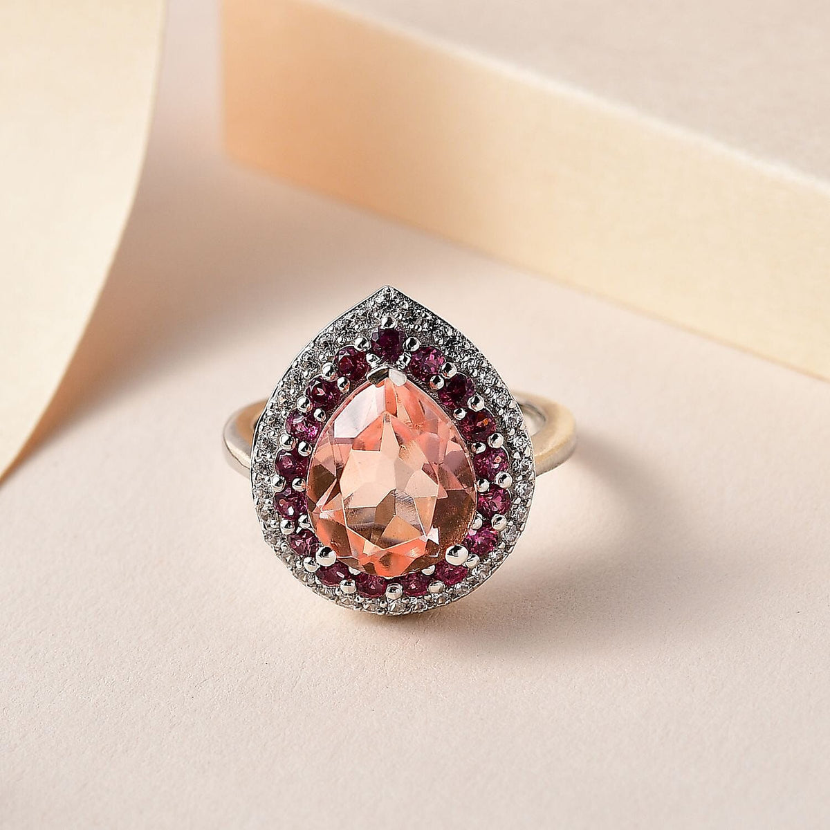 Morganite Triplet Quartz, White Zircon, Lotus Garnet Double Halo Ring in Platinum Overlay Sterling Silver 4.941 Ct 7754173 2