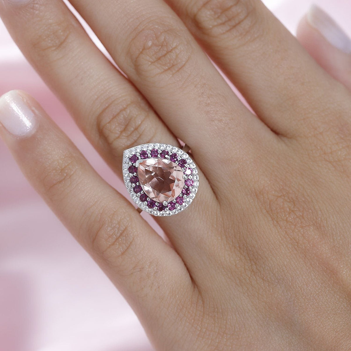 Morganite Triplet Quartz, White Zircon, Lotus Garnet Double Halo Ring in Platinum Overlay Sterling Silver 4.941 Ct 7754173 3