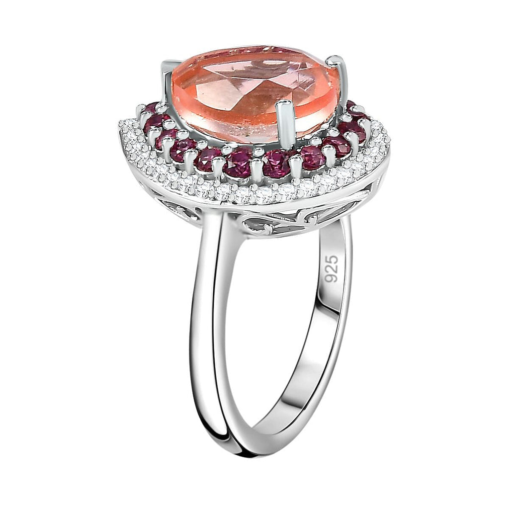 Morganite Colour Quartz, Natural Zircon & Lotus Garnet Ring in Platinum Overlay Sterling Silver 4.94 Ct.