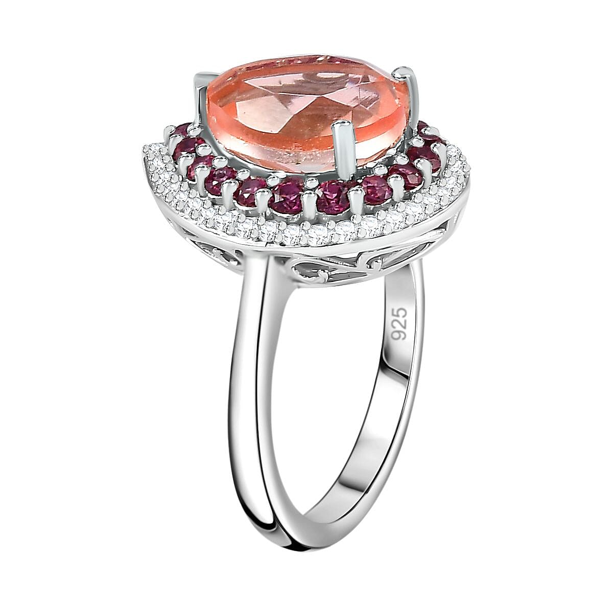 Morganite Triplet Quartz, White Zircon, Lotus Garnet Double Halo Ring in Platinum Overlay Sterling Silver 4.941 Ct 7754173 4