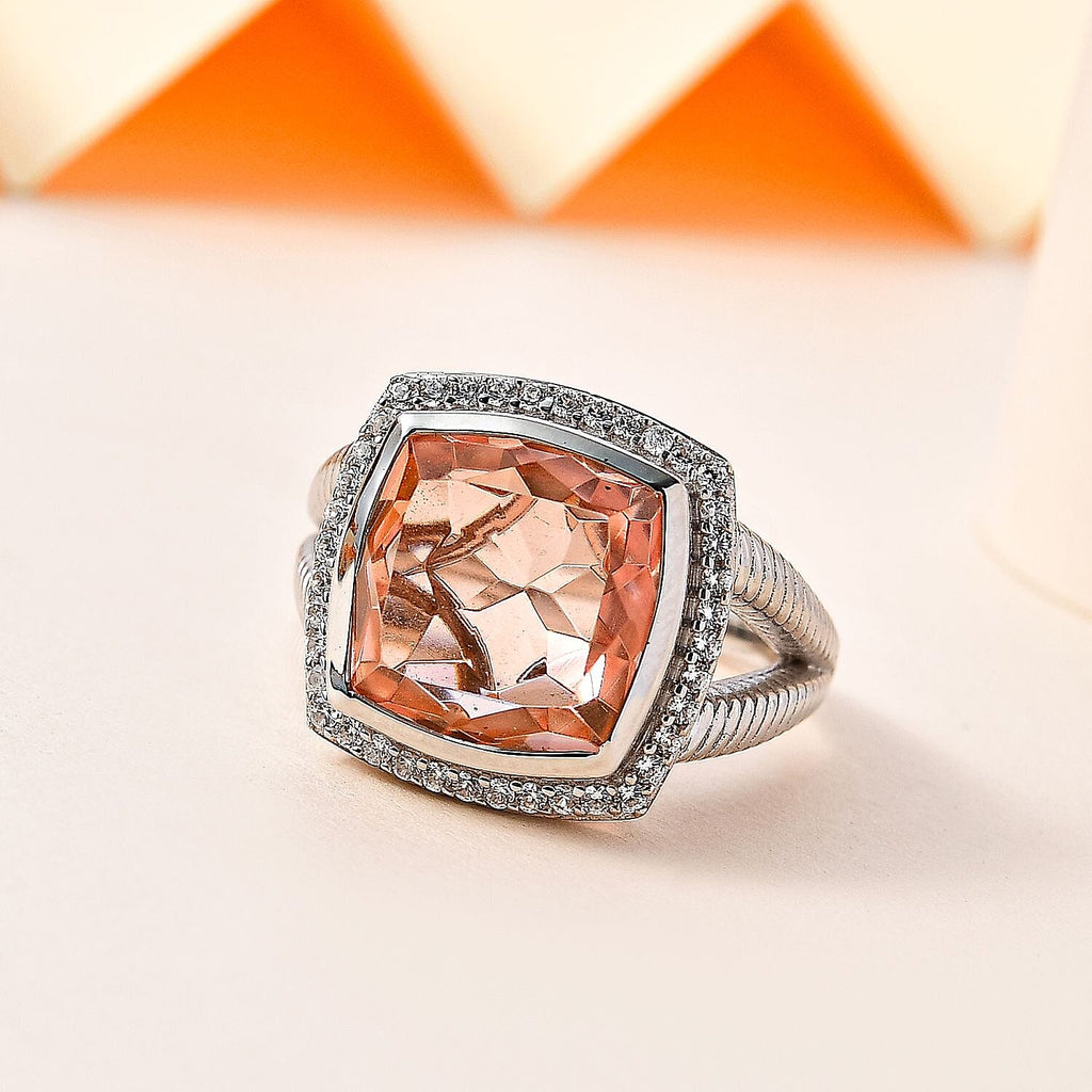 Morganite Colour Quartz & Natural Zircon Ring in Platinum Overlay Sterling Silver 8.70 Ct