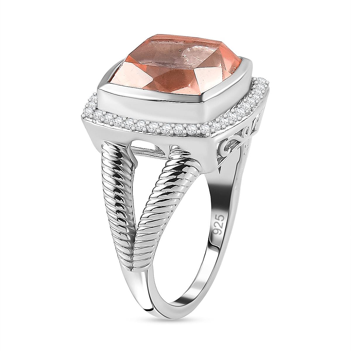 Morganite Colour Quartz &amp; Natural Zircon Ring in Platinum Overlay Sterling Silver 8.70 Ct 7755147 3