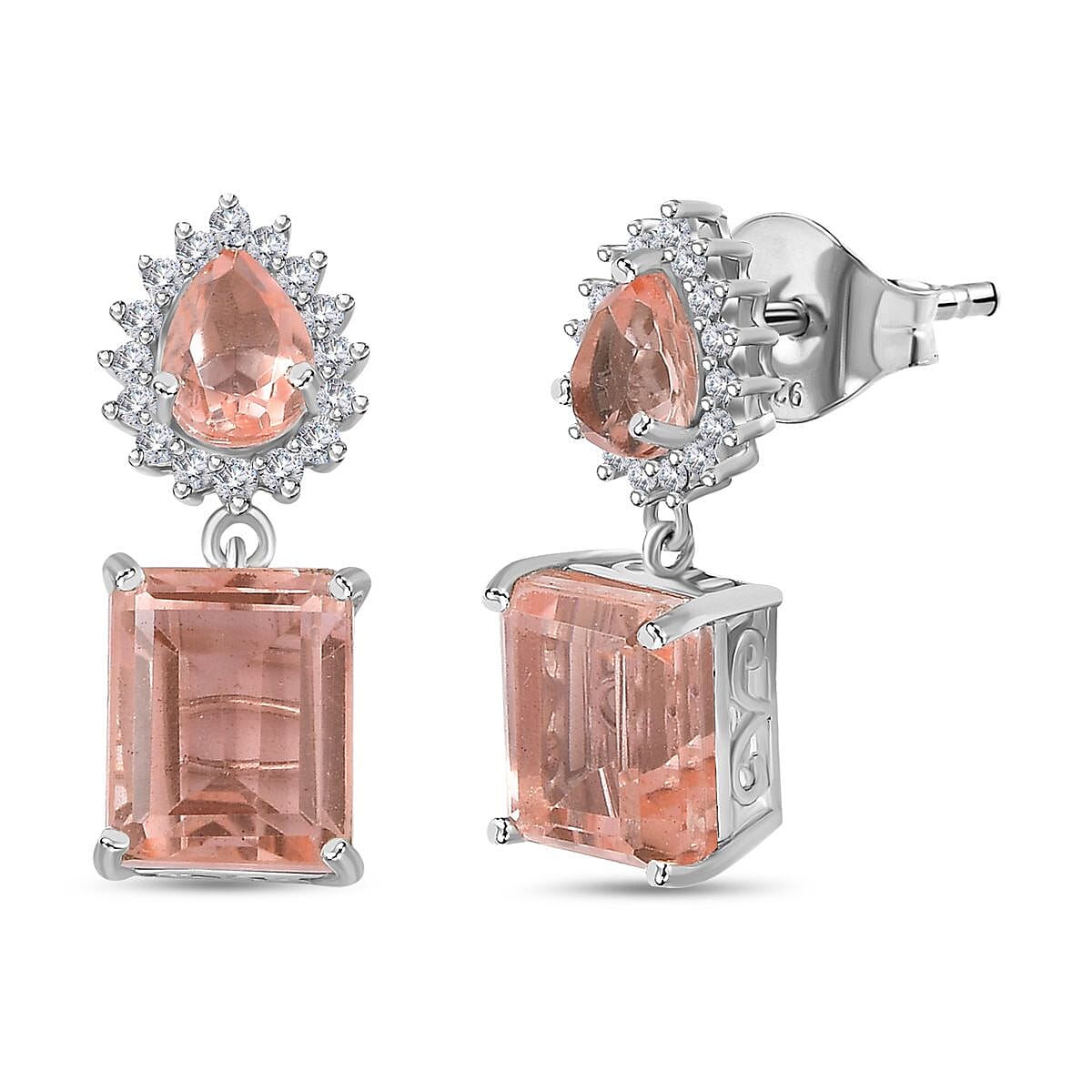 Morganite Colour Quartz &amp; Natural Zircon Earrings in Platinum Overlay Sterling Silver 10.15 Ct. 7749728 0