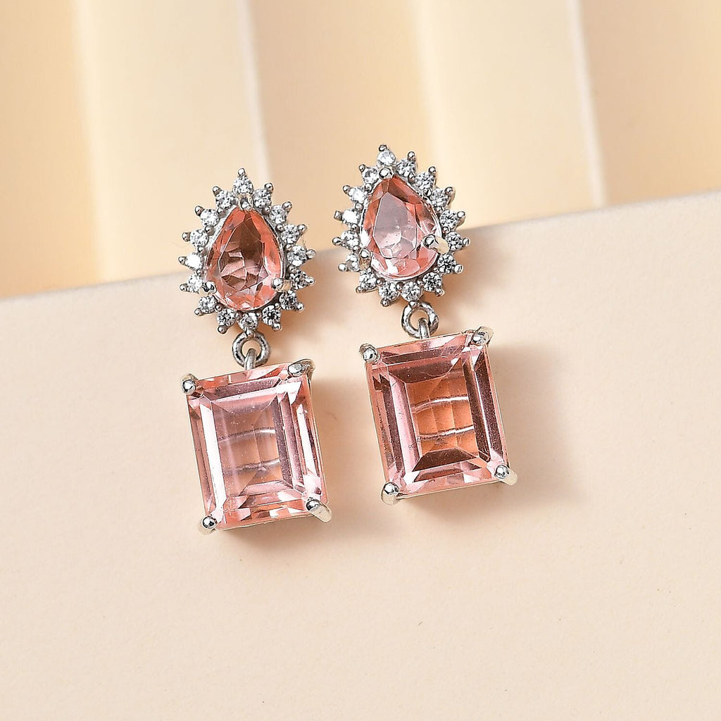 Morganite Colour Quartz & Natural Zircon Earrings in Platinum Overlay Sterling Silver 10.15 Ct.
