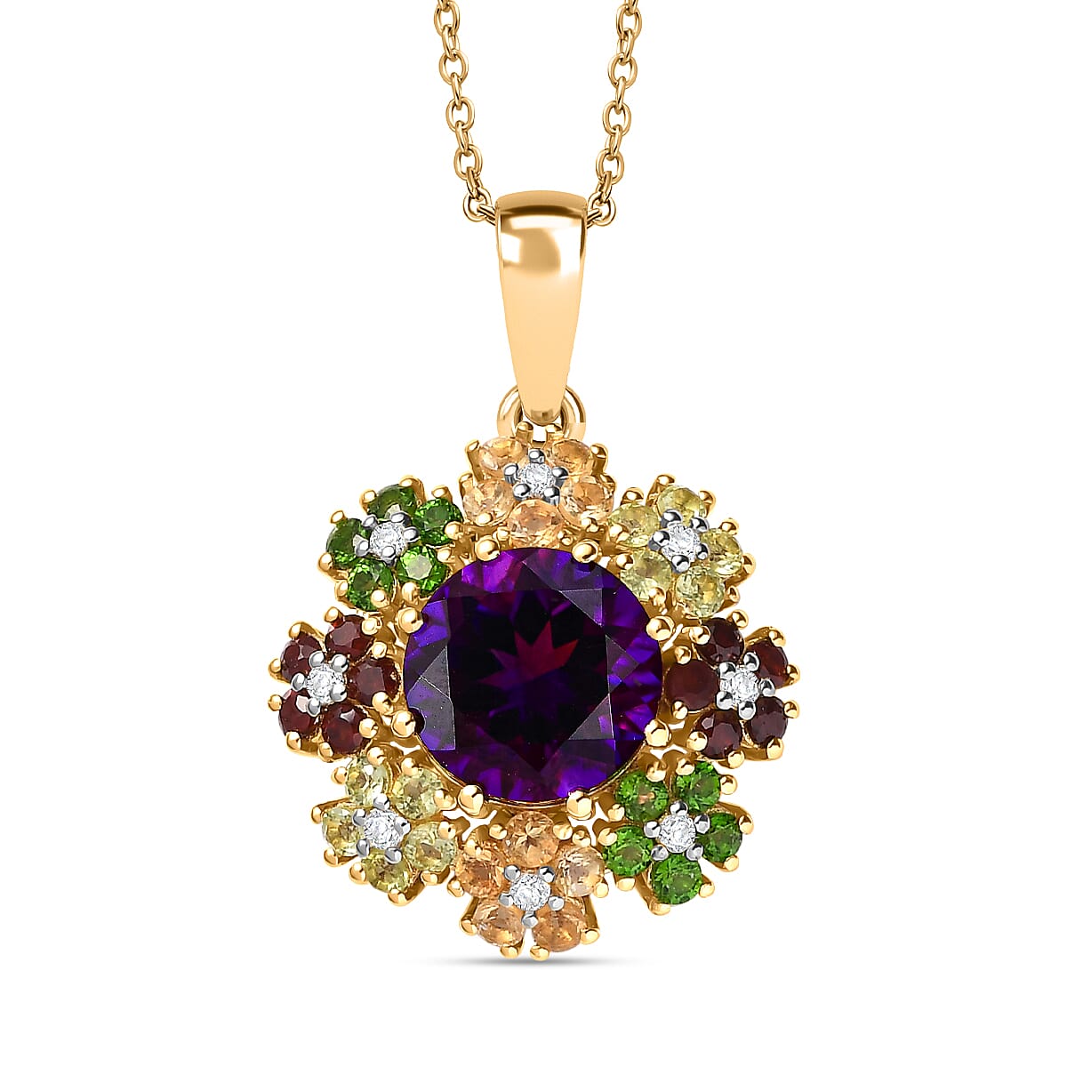 Moroccan Amethyst, Citrine, Peridot, Red Garnet, Natural Chrome Diopside, White Zircon Floral Pendant with Chain (Size 20) in 18K YG Vermeil Plated Sterling Silver 4282202 0