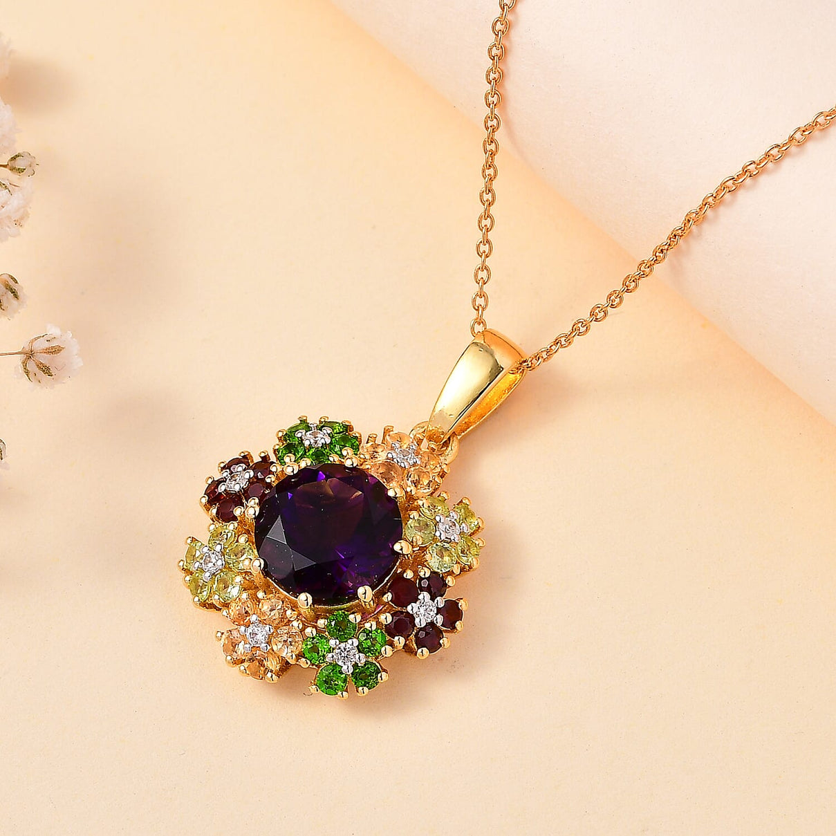 Moroccan Amethyst, Citrine, Peridot, Red Garnet, Natural Chrome Diopside, White Zircon Floral Pendant with Chain (Size 20) in 18K YG Vermeil Plated Sterling Silver 4282202 3