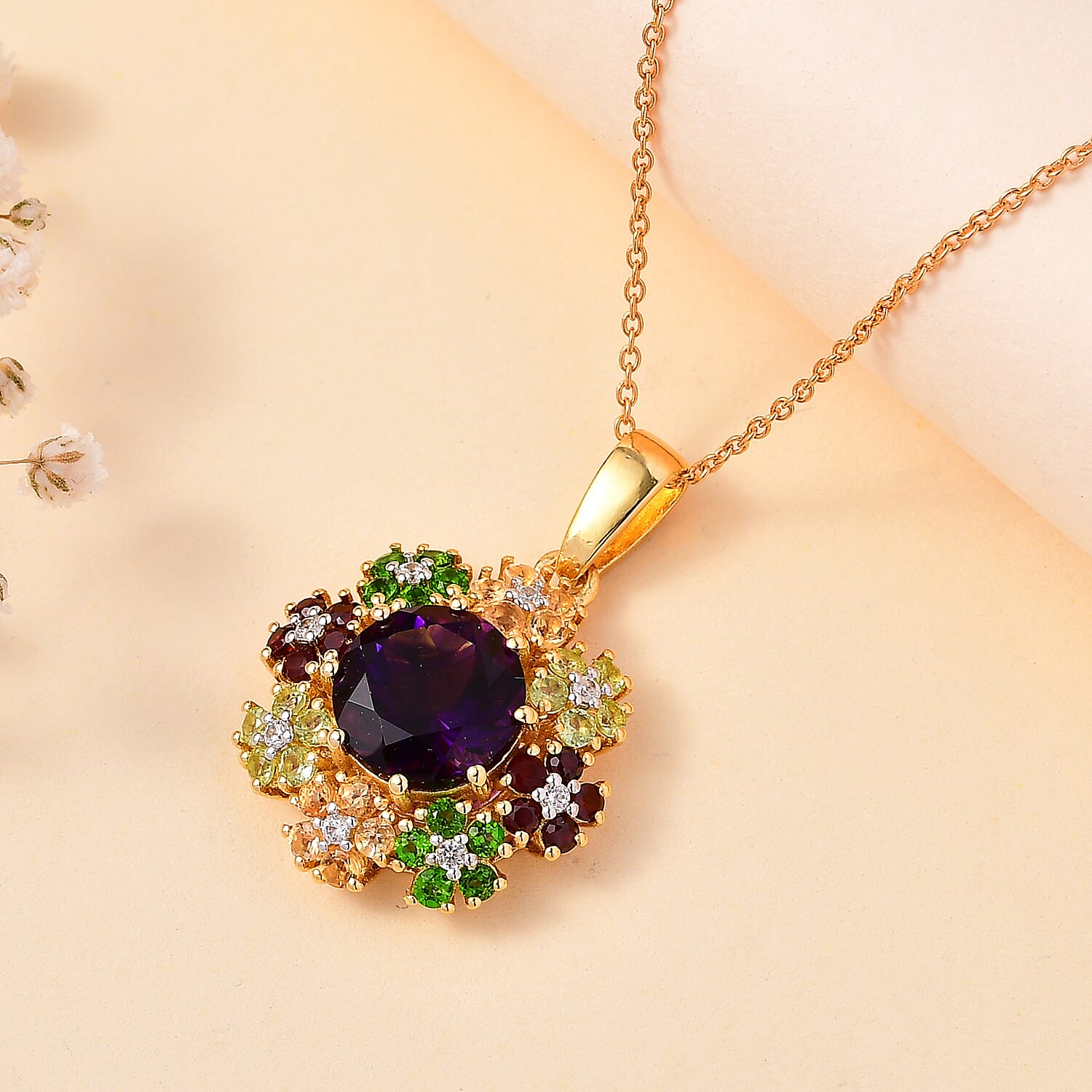 Moroccan Amethyst, Citrine, Peridot, Red Garnet, Natural Chrome Diopside, White Zircon Floral Pendant with Chain (Size 20) in 18K YG Vermeil Plated Sterling Silver 4282202 3